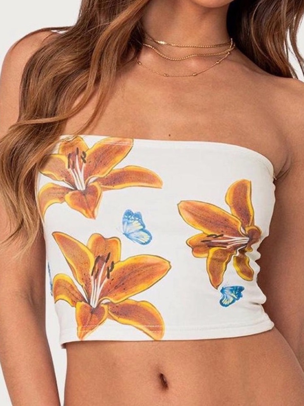 Edikted Floral Strapless Tube Top - White with Orange Lily Print